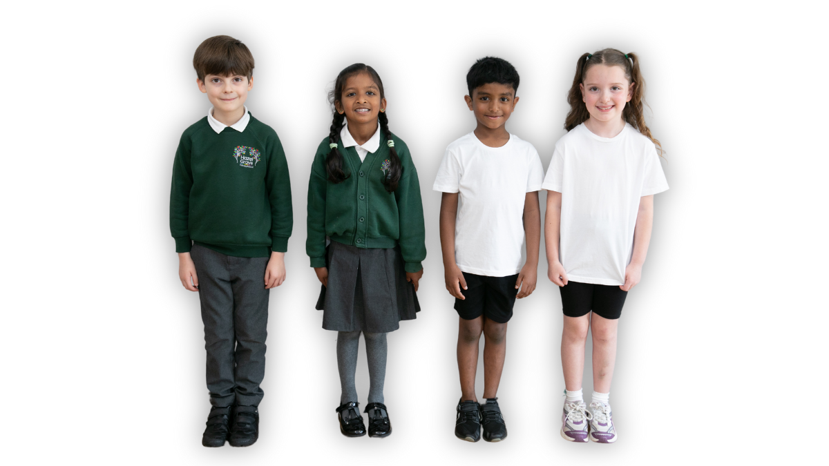 Hazel Grove Primary School pupils wearing the variations of uniform and PE kit available.